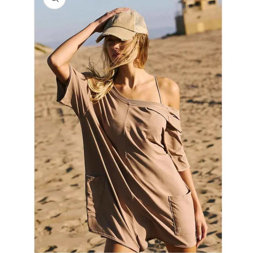NWT Free People Movement Hot Shot Tee Romper Mocha Latte Tan Oversized Sz S